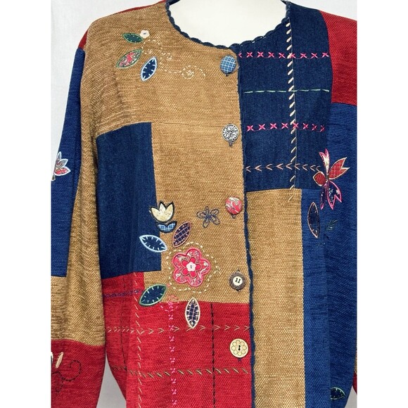 VTG Koret City Blues Embroidered Patchwork Cardigan Jacket Shacket w Denim XL - Picture 2 of 12